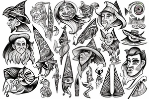 Cartoonish colorful small wizard tattoo idea