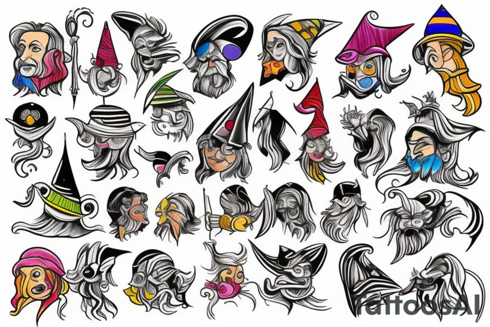 Cartoonish colorful small wizard tattoo idea