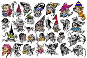 Cartoonish colorful small wizard tattoo idea