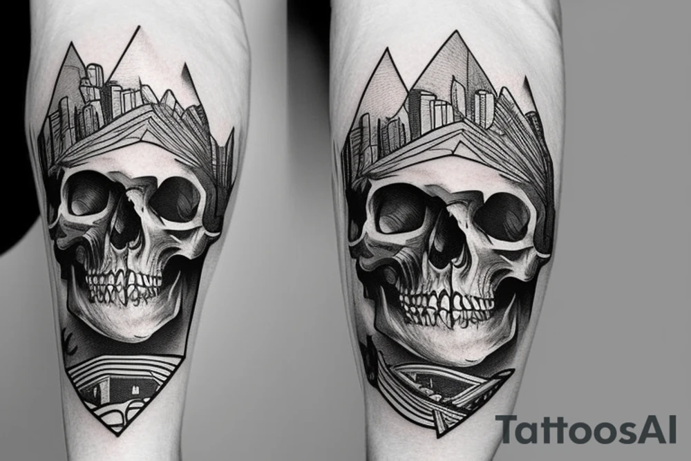 human skull with city in the background tattoo idea