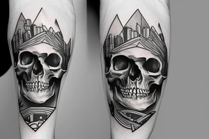 human skull with city in the background tattoo idea