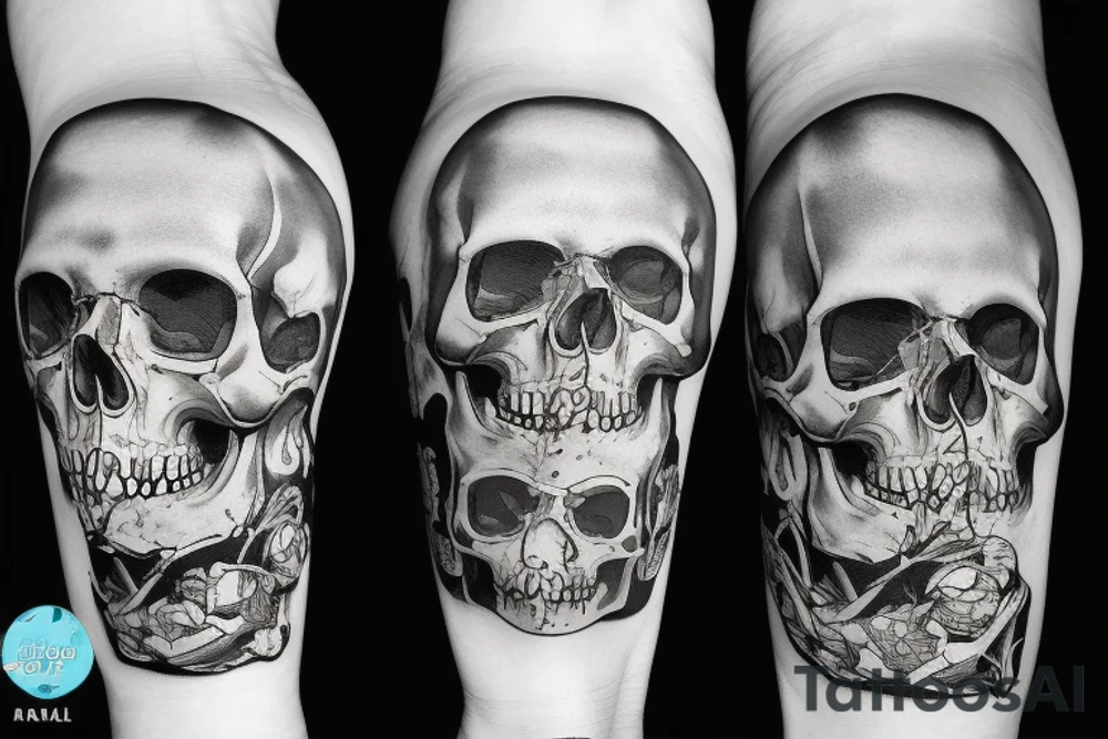 human skull with city in the background tattoo idea