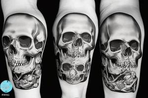human skull with city in the background tattoo idea