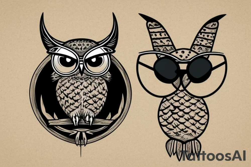 Great horned owl with round sunglasses and a hoodie on tattoo idea