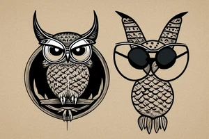 Great horned owl with round sunglasses and a hoodie on tattoo idea