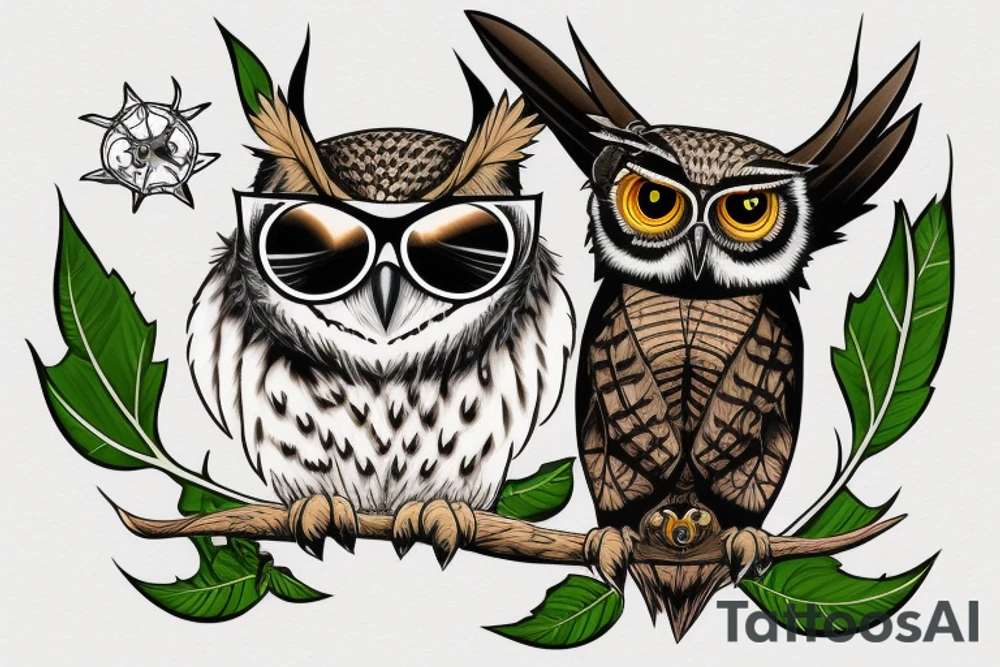 Great horned owl with round sunglasses and a hoodie on tattoo idea