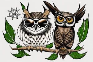 Great horned owl with round sunglasses and a hoodie on tattoo idea