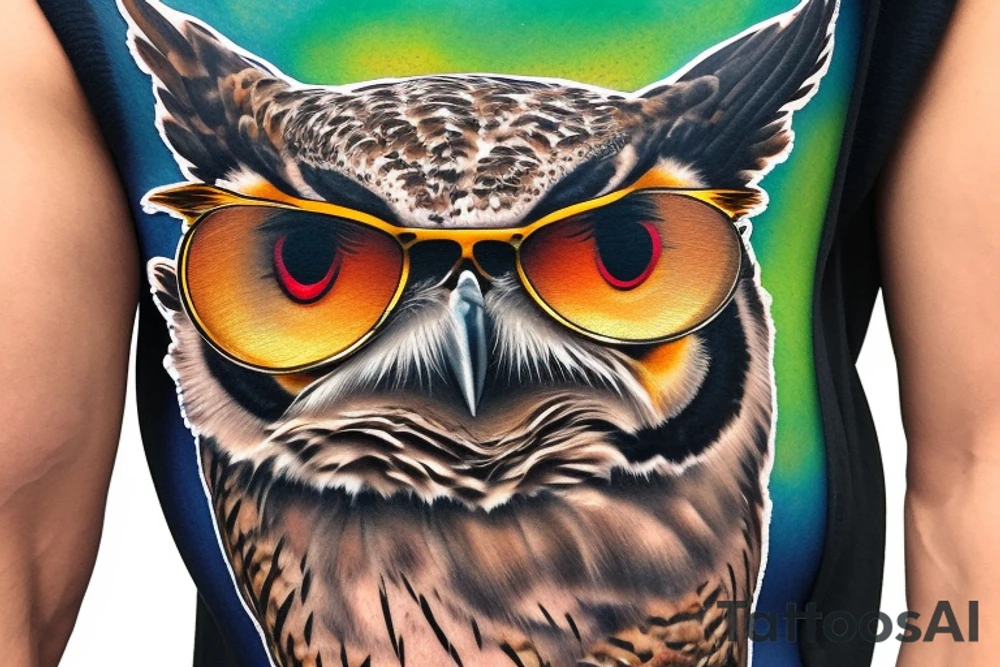 Great horned owl with round sunglasses and a hoodie on tattoo idea