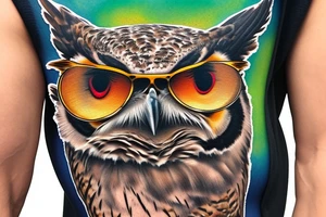 Great horned owl with round sunglasses and a hoodie on tattoo idea