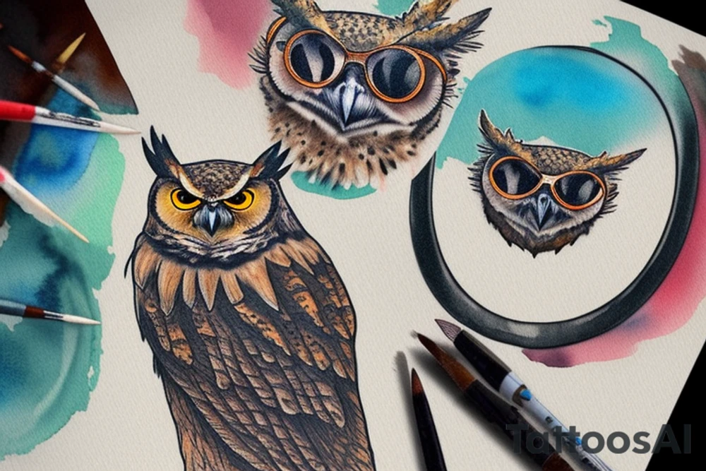 Great horned owl with round sunglasses and a hoodie on tattoo idea
