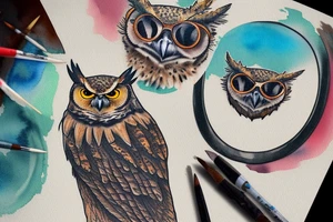 Great horned owl with round sunglasses and a hoodie on tattoo idea