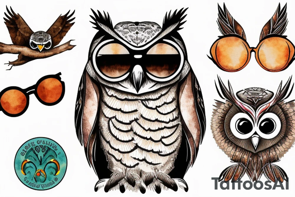 Great horned owl with round sunglasses and a hoodie on tattoo idea