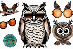 Great horned owl with round sunglasses and a hoodie on tattoo idea