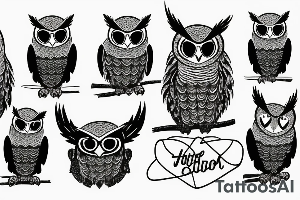Great Horned Owl with Sweatshirt and Sunglasses tattoo idea