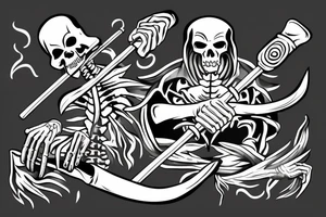 traditional looking tattoo of grim reaper with a scythe. Grim reaper is smoking a joint while giving the a-okay symbol with his skeleton fingers, and is holding his scythe with his other hand. tattoo idea
