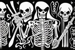 traditional looking tattoo of grim reaper with a scythe. Grim reaper is smoking a joint while giving the a-okay symbol with his skeleton fingers, and is holding his scythe with his other hand. tattoo idea