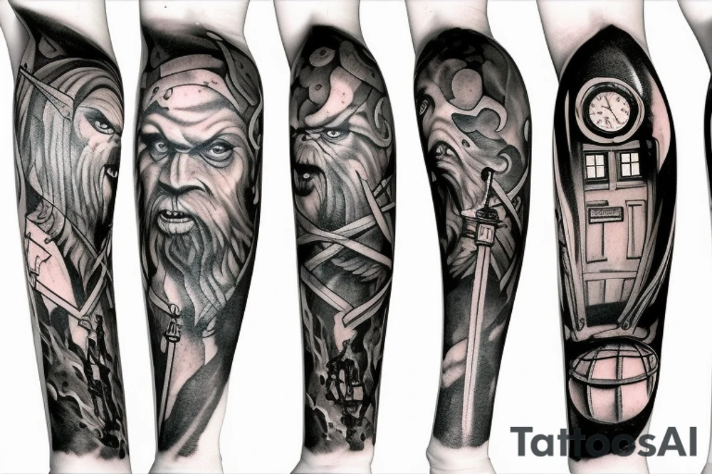 Sasquatch, tardis, medieval sword, moonlight, snake tattoo idea