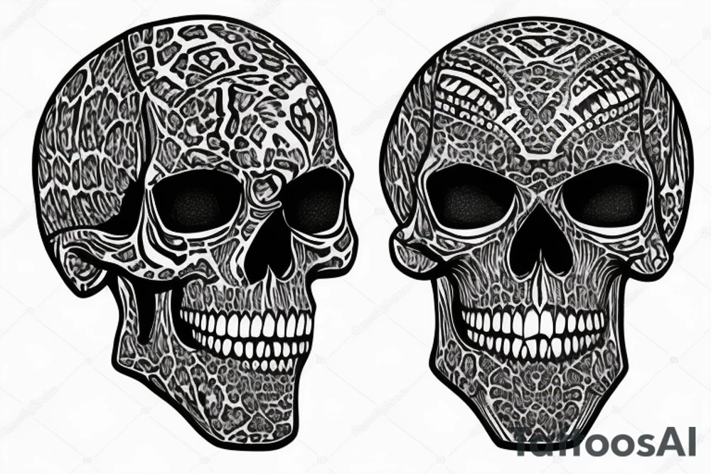 human skull around the knee with leopard teeth and in cyber tribal style tattoo idea