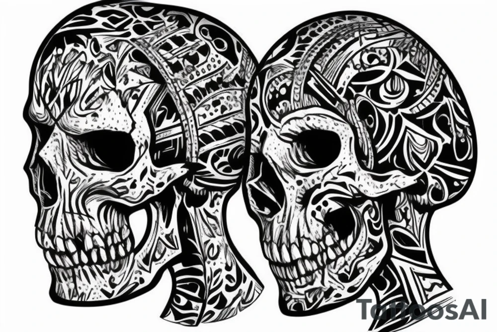 human skull around the knee with leopard teeth and in cyber tribal style tattoo idea