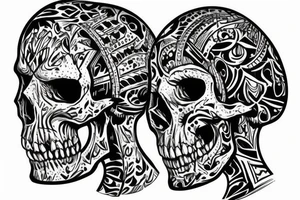 human skull around the knee with leopard teeth and in cyber tribal style tattoo idea