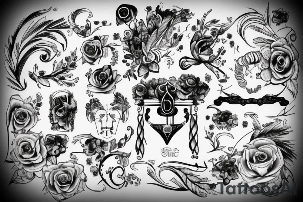 Eugénie con simboli musicali su spartito tattoo idea