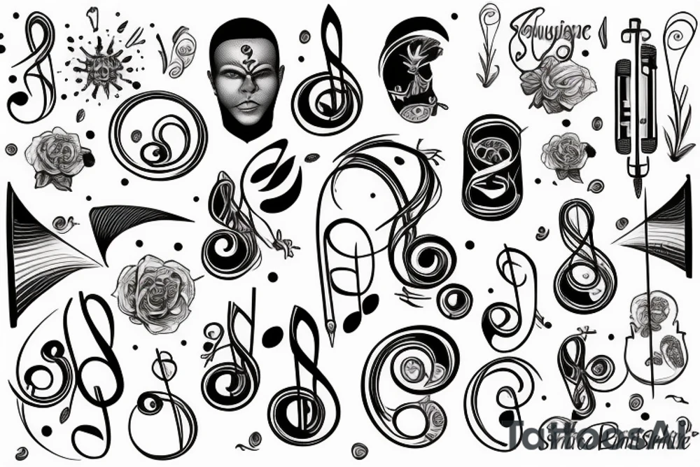 Eugénie con simboli musicali su spartito tattoo idea