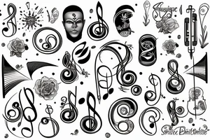Eugénie con simboli musicali su spartito tattoo idea