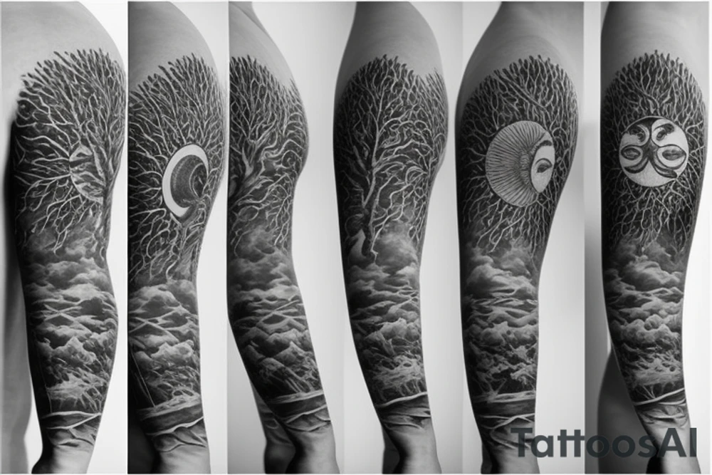 the sun above the sea with trees tattoo idea