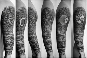 the sun above the sea with trees tattoo idea