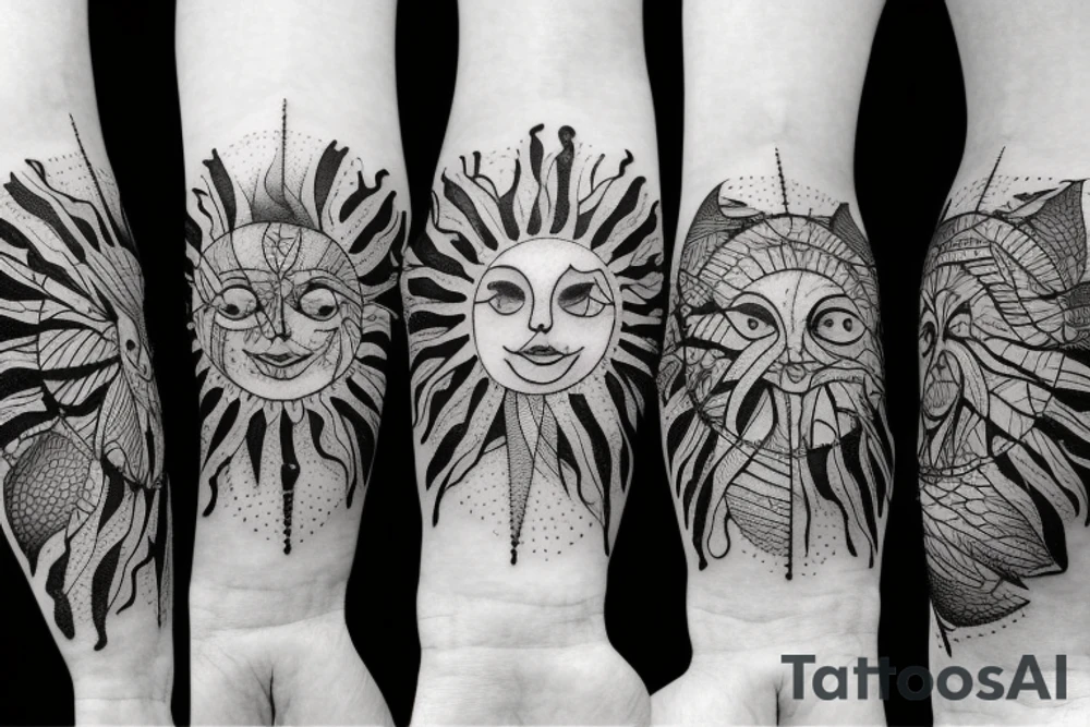 the sun above the sea with trees tattoo idea