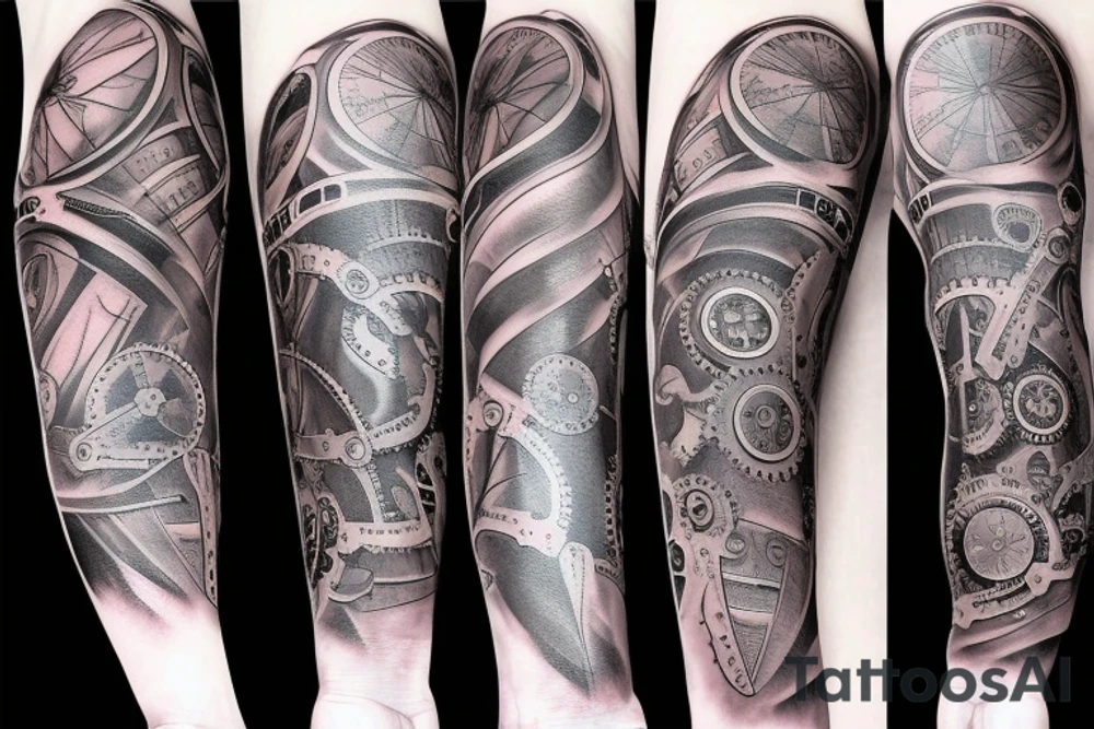 full arm sleeve with gears and pistons tattoo idea