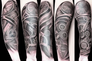 full arm sleeve with gears and pistons tattoo idea