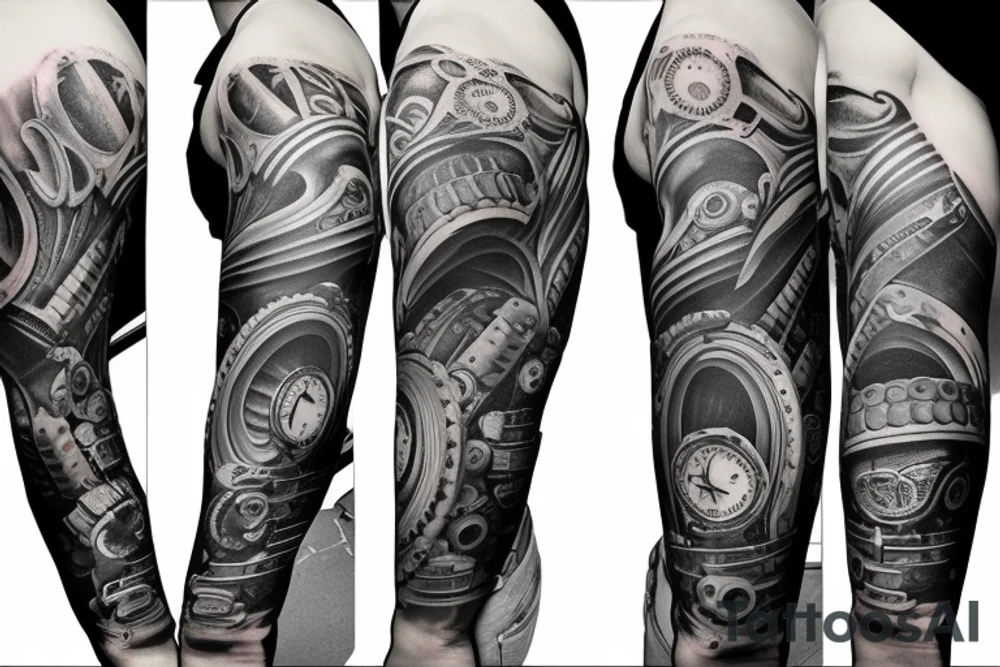 full arm sleeve with gears and pistons tattoo idea