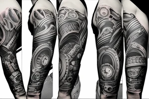 full arm sleeve with gears and pistons tattoo idea