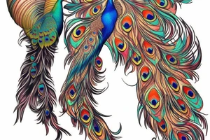 colourfull male peacock on thigh with feathers down to the ankle tattoo idea