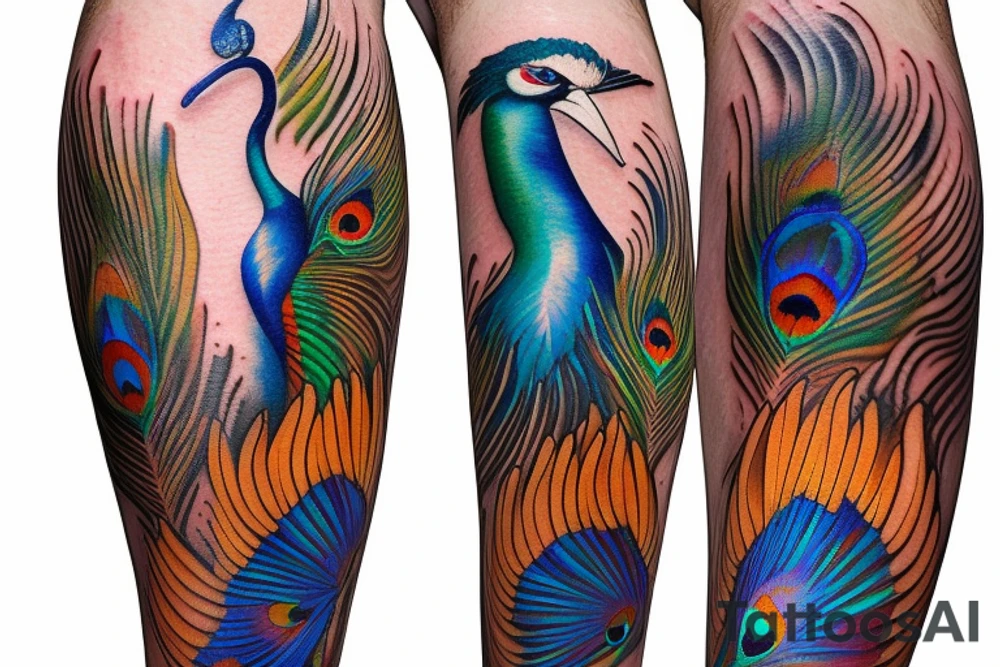colourfull male peacock on thigh with feathers down to the ankle tattoo idea