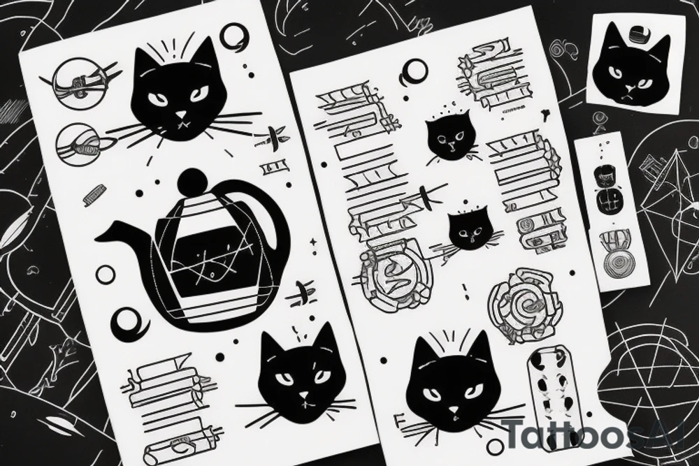 Black cat space tea books binary code tattoo idea