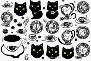 Black cat space tea books binary code tattoo idea