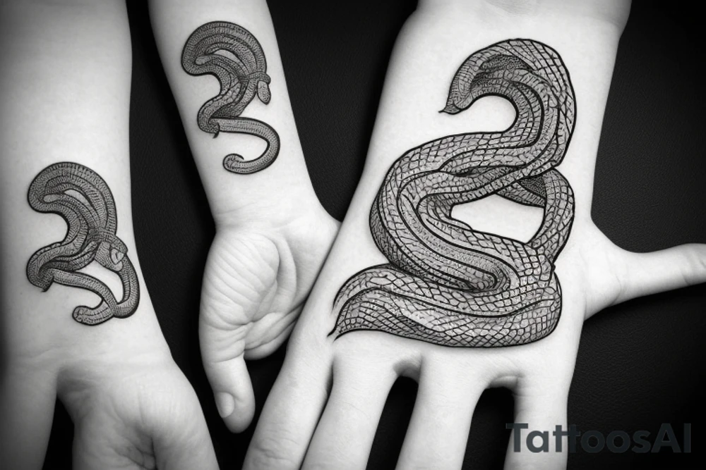 writhing snake on the hand with small details around it tattoo idea