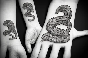 writhing snake on the hand with small details around it tattoo idea