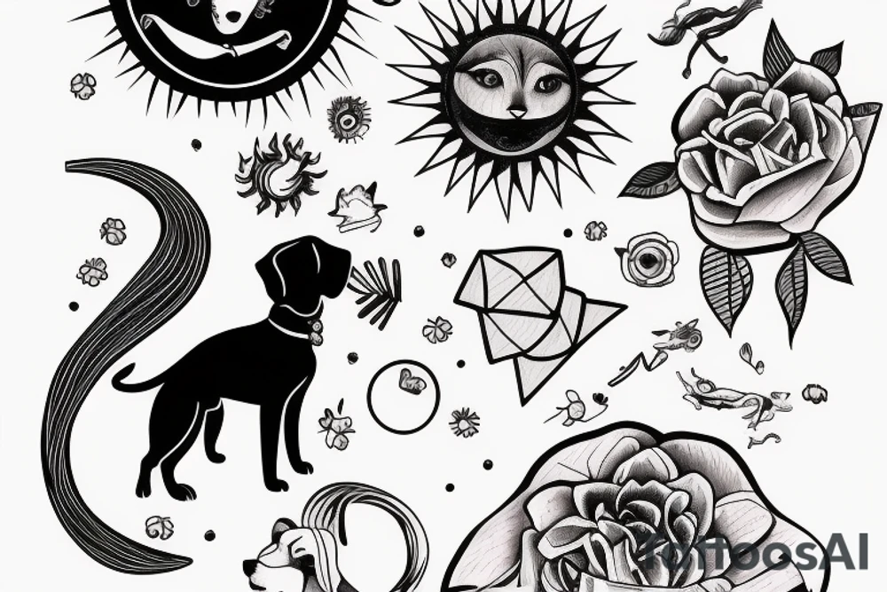 a dog and girl running below the sun tattoo idea