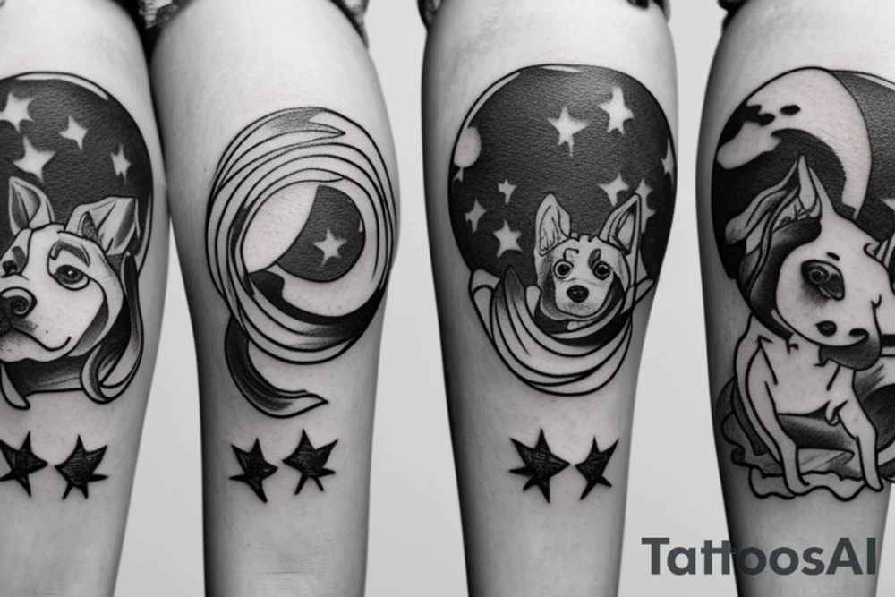 a dog and girl running below the sun tattoo idea
