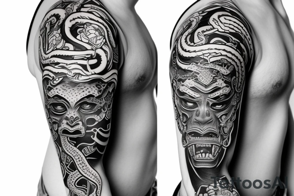 Full sleeve Oni mask with a Snake tattoo idea