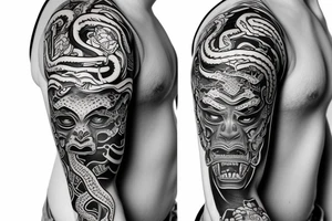 Full sleeve Oni mask with a Snake tattoo idea
