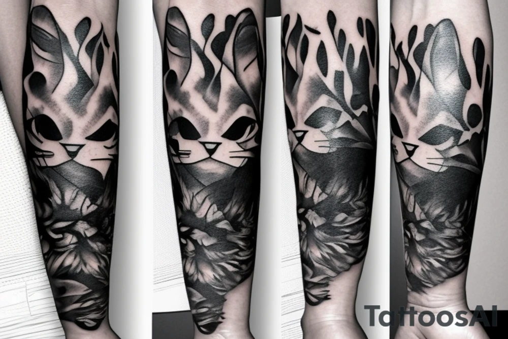 hand Sleeve which is an Abstract style of Smoke mask, cat, mountains tattoo idea