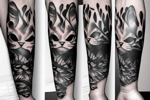 hand Sleeve which is an Abstract style of Smoke mask, cat, mountains tattoo idea