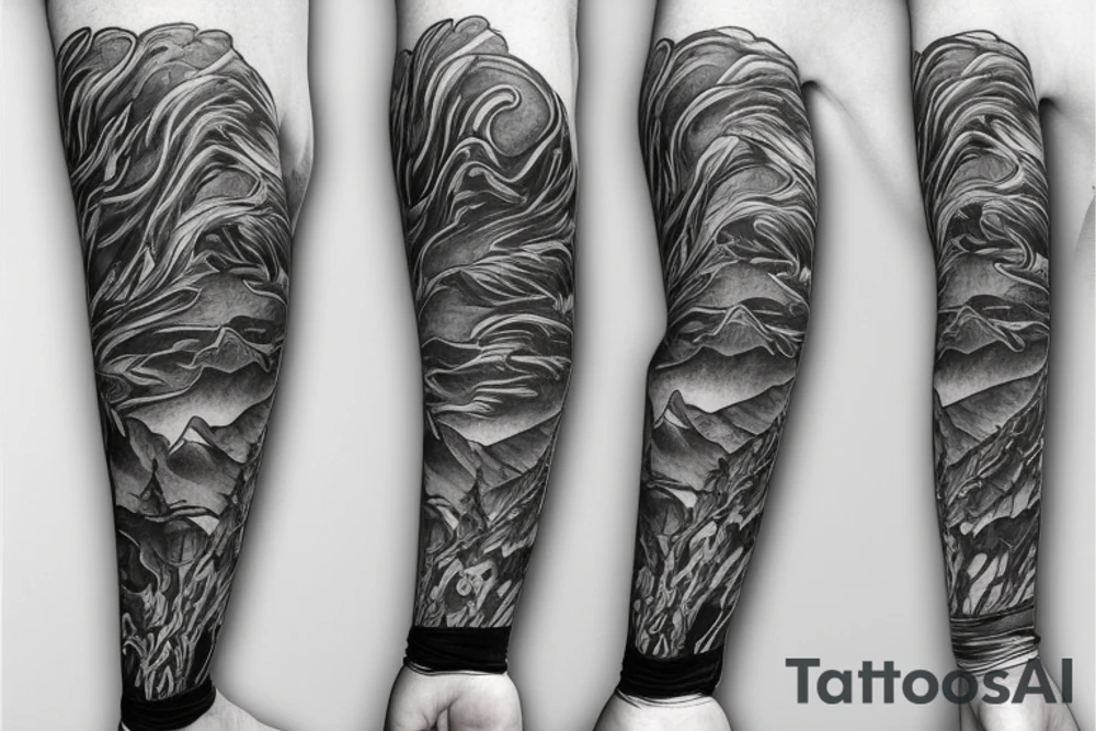 hand Sleeve which is an Abstract style of Smoke mask, cat, mountains tattoo idea