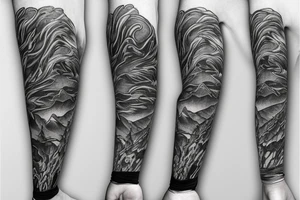hand Sleeve which is an Abstract style of Smoke mask, cat, mountains tattoo idea