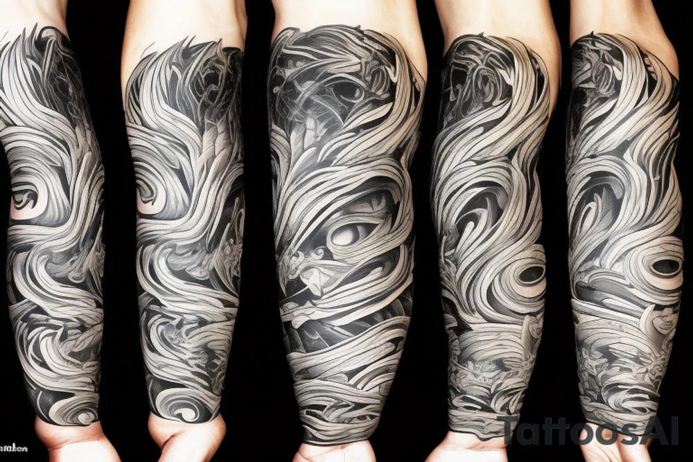 hand Sleeve which is an Abstract style of Smoke mask, cat, mountains tattoo idea