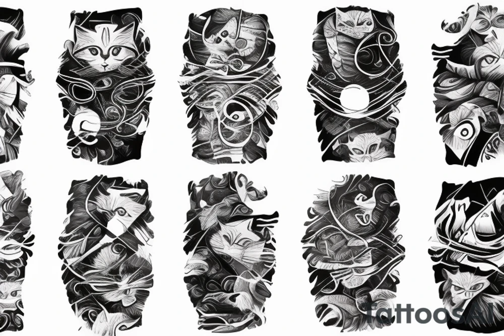 hand Sleeve which is an Abstract style of Smoke mask, cat, mountains tattoo idea